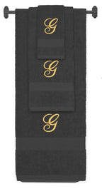Charcoal monogrammed towel set with Gold thread, Diana Script font, initial G - 540 GSM cotton 3-piece