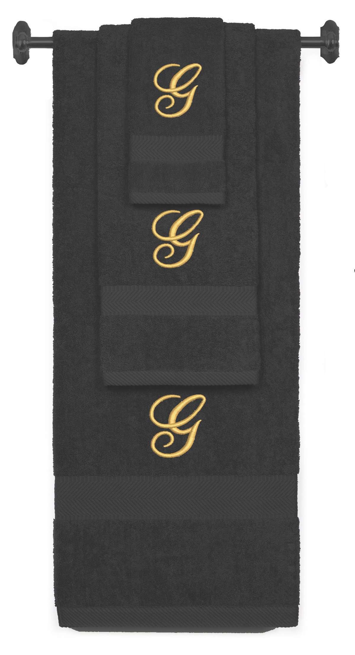 Charcoal monogrammed towel set with Gold thread, Diana Script font, initial G - 540 GSM cotton 3-piece