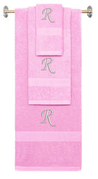 Pink monogrammed towel set with Silver thread, Chancery font, initial R - 540 GSM cotton 3-piece