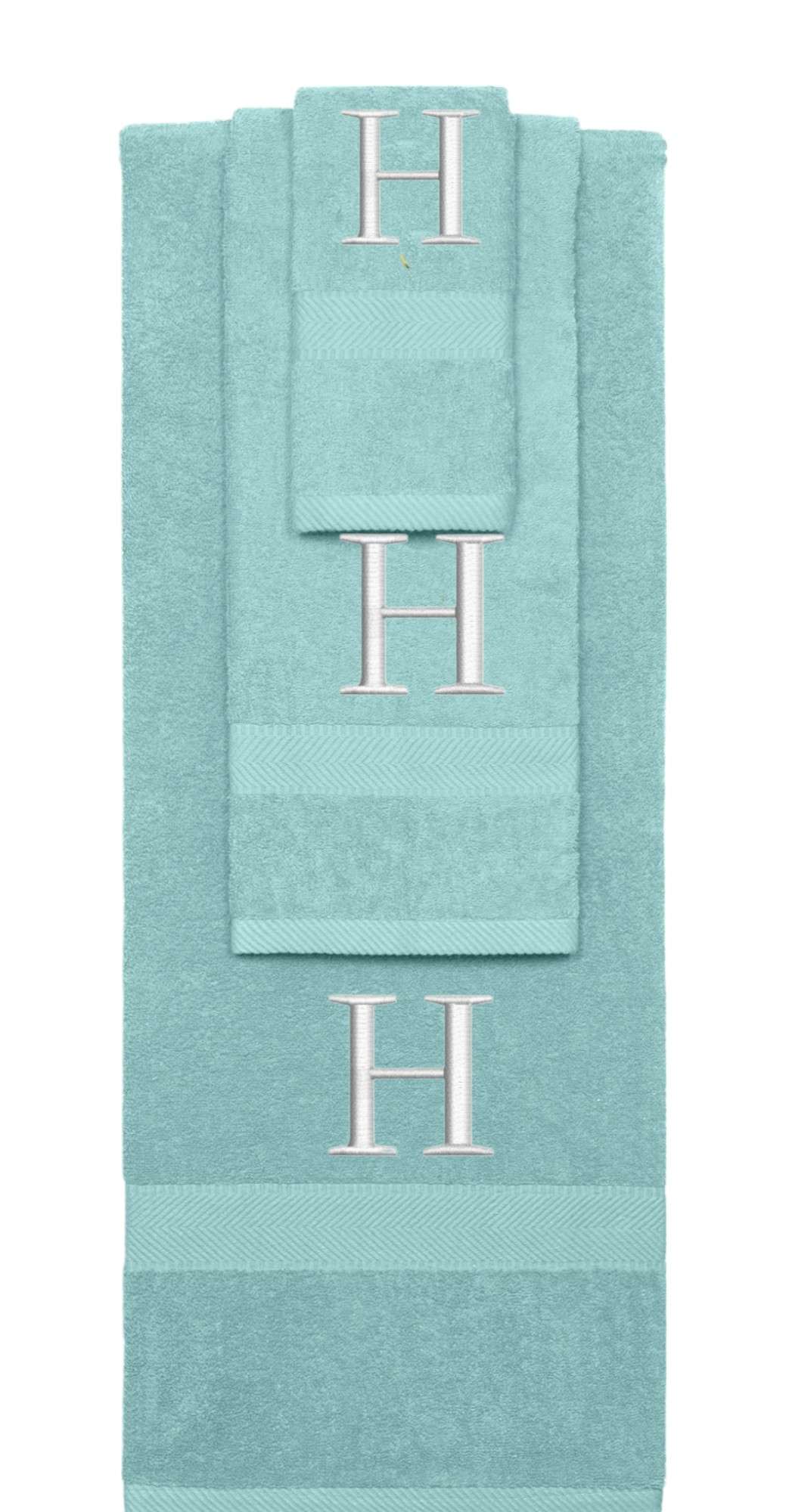 Nautical Teal monogrammed towel set with Silver thread, Times New Roman font, initial H - 540 GSM cotton 3-piece
