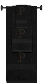 Black monogrammed towel set with Black thread, Times New Roman font, initial P - 540 GSM cotton 3-piece