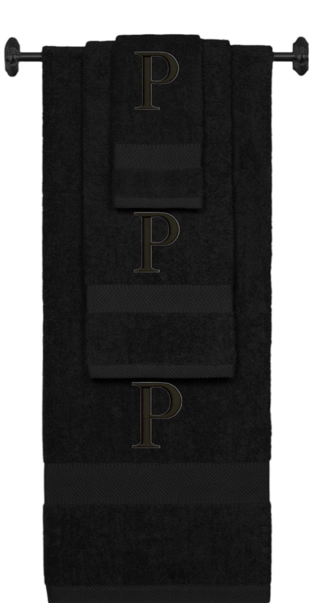 Black monogrammed towel set with Black thread, Times New Roman font, initial P - 540 GSM cotton 3-piece