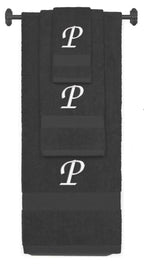 Charcoal monogrammed towel set with White thread, Chancery font, initial P - 540 GSM cotton 3-piece