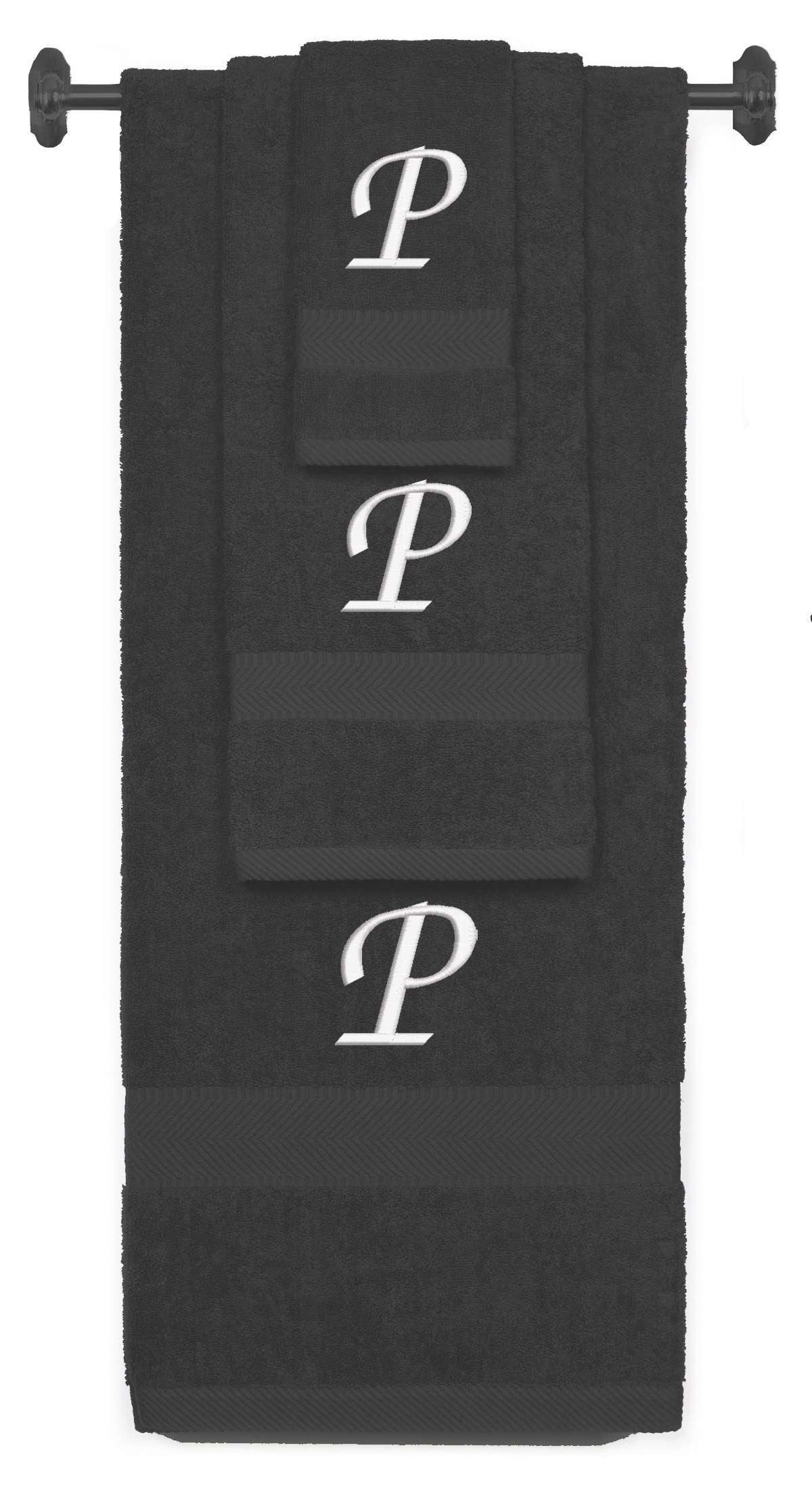 Charcoal monogrammed towel set with White thread, Chancery font, initial P - 540 GSM cotton 3-piece