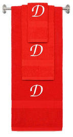 Red monogrammed towel set with White thread, Chancery font, initial D - 540 GSM cotton 3-piece