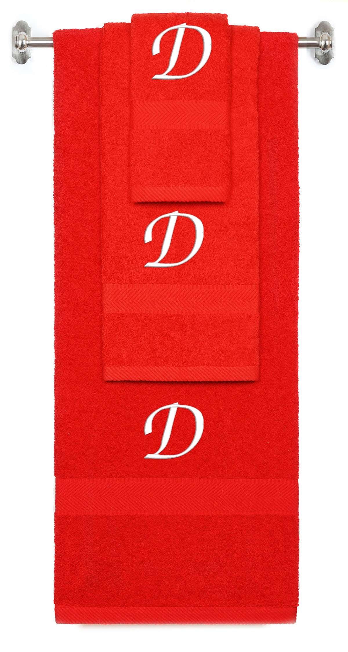 Red monogrammed towel set with White thread, Chancery font, initial D - 540 GSM cotton 3-piece