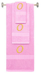 Pink monogrammed towel set with Gold thread, Chancery font, initial O - 540 GSM cotton 3-piece