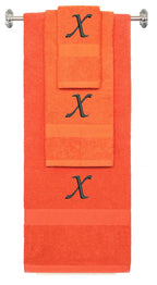 Orange monogrammed towel set with Black thread, Chancery font, initial X - 540 GSM cotton 3-piece