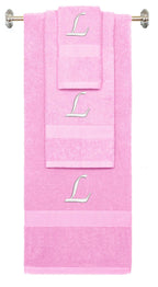 Pink monogrammed towel set with White thread, Chancery font, initial L - 540 GSM cotton 3-piece