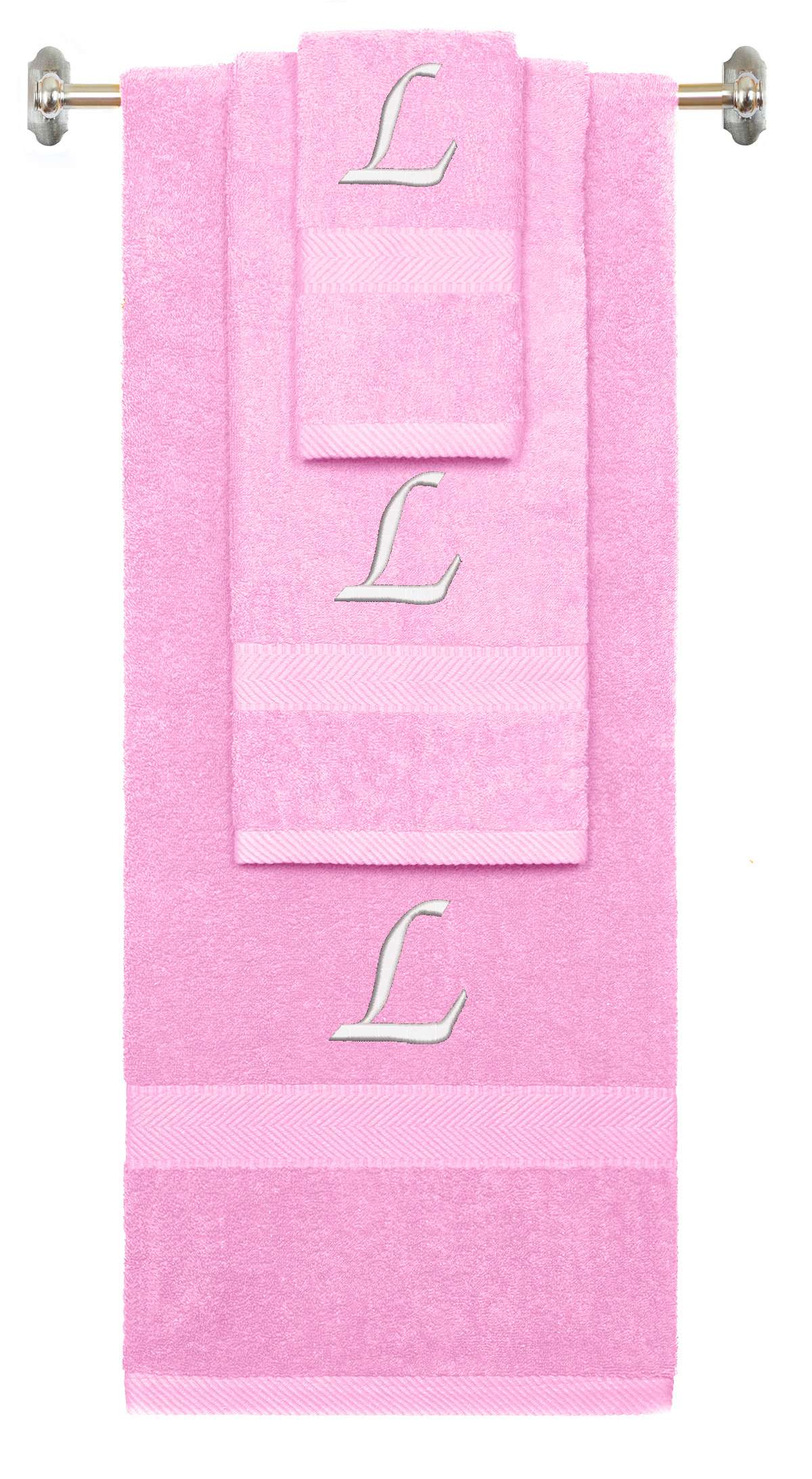 Pink monogrammed towel set with White thread, Chancery font, initial L - 540 GSM cotton 3-piece