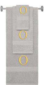 Silver monogrammed towel set with Gold thread, Times New Roman font, initial O - 540 GSM cotton 3-piece