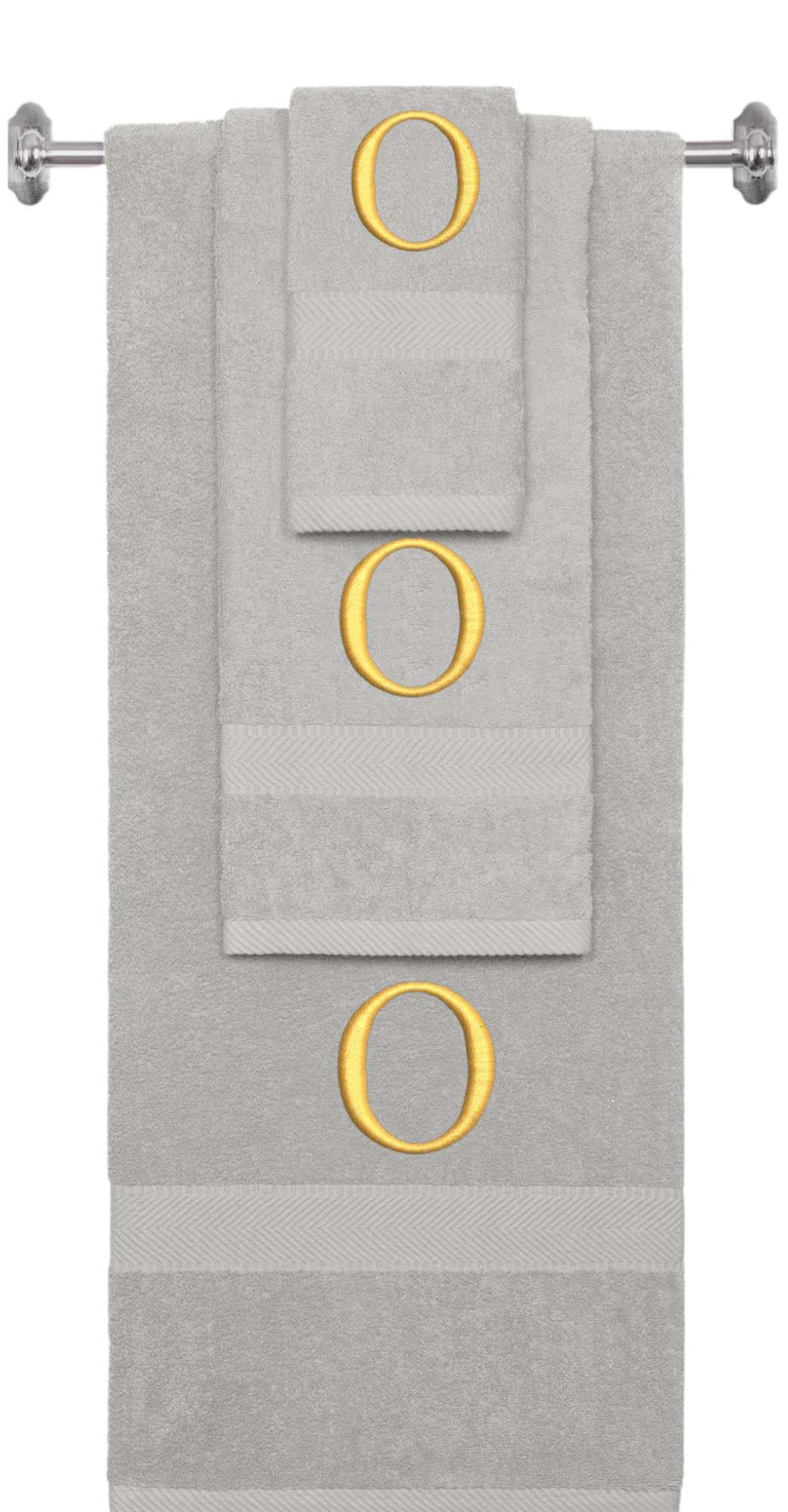 Silver monogrammed towel set with Gold thread, Times New Roman font, initial O - 540 GSM cotton 3-piece