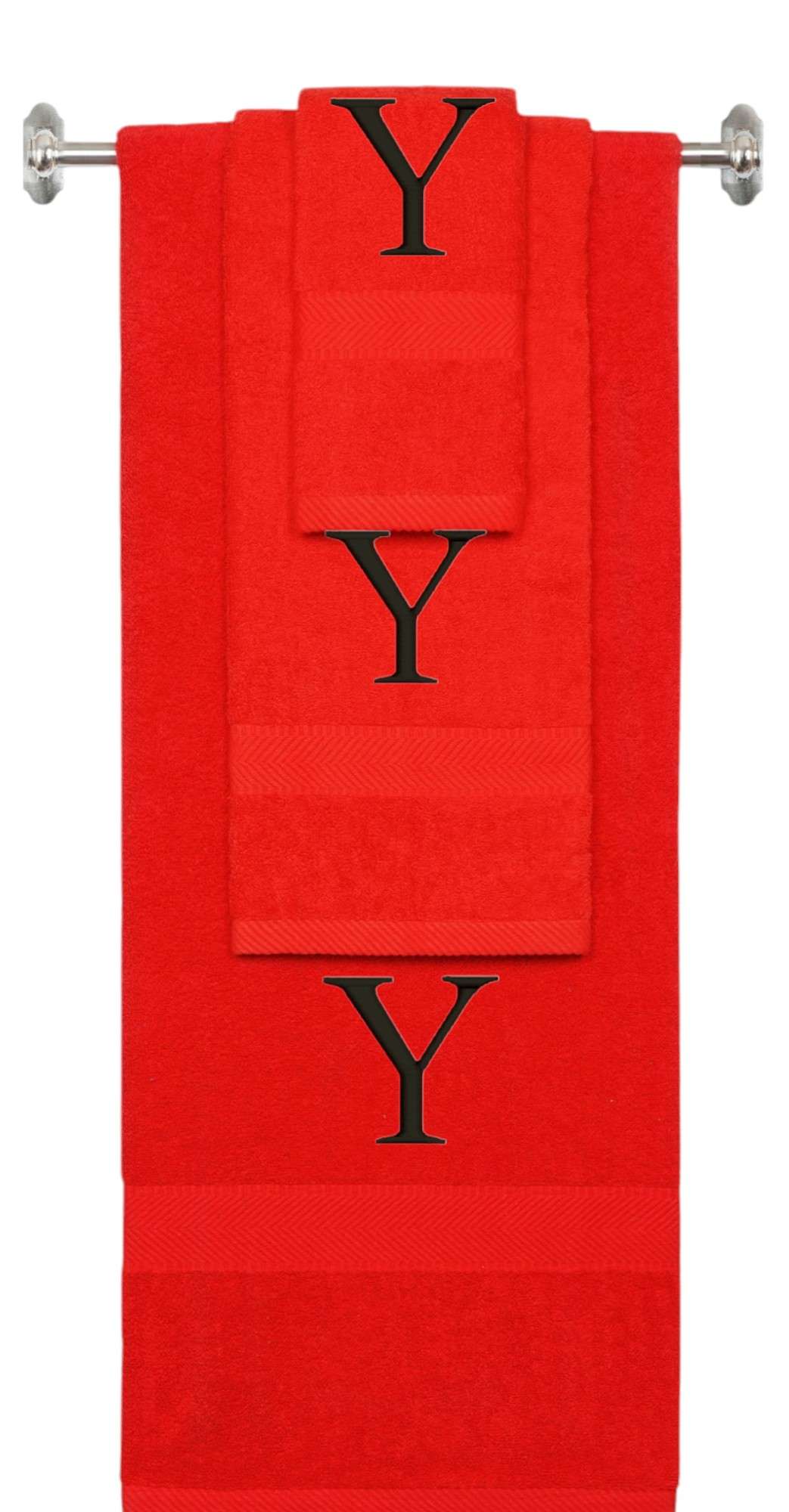 Red monogrammed towel set with Black thread, Times New Roman font, initial Y - 540 GSM cotton 3-piece