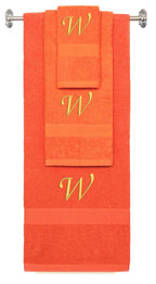 Orange monogrammed towel set with Gold thread, Chancery font, initial W - 540 GSM cotton 3-piece