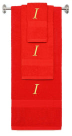 Red monogrammed towel set with Gold thread, Chancery font, initial I - 540 GSM cotton 3-piece