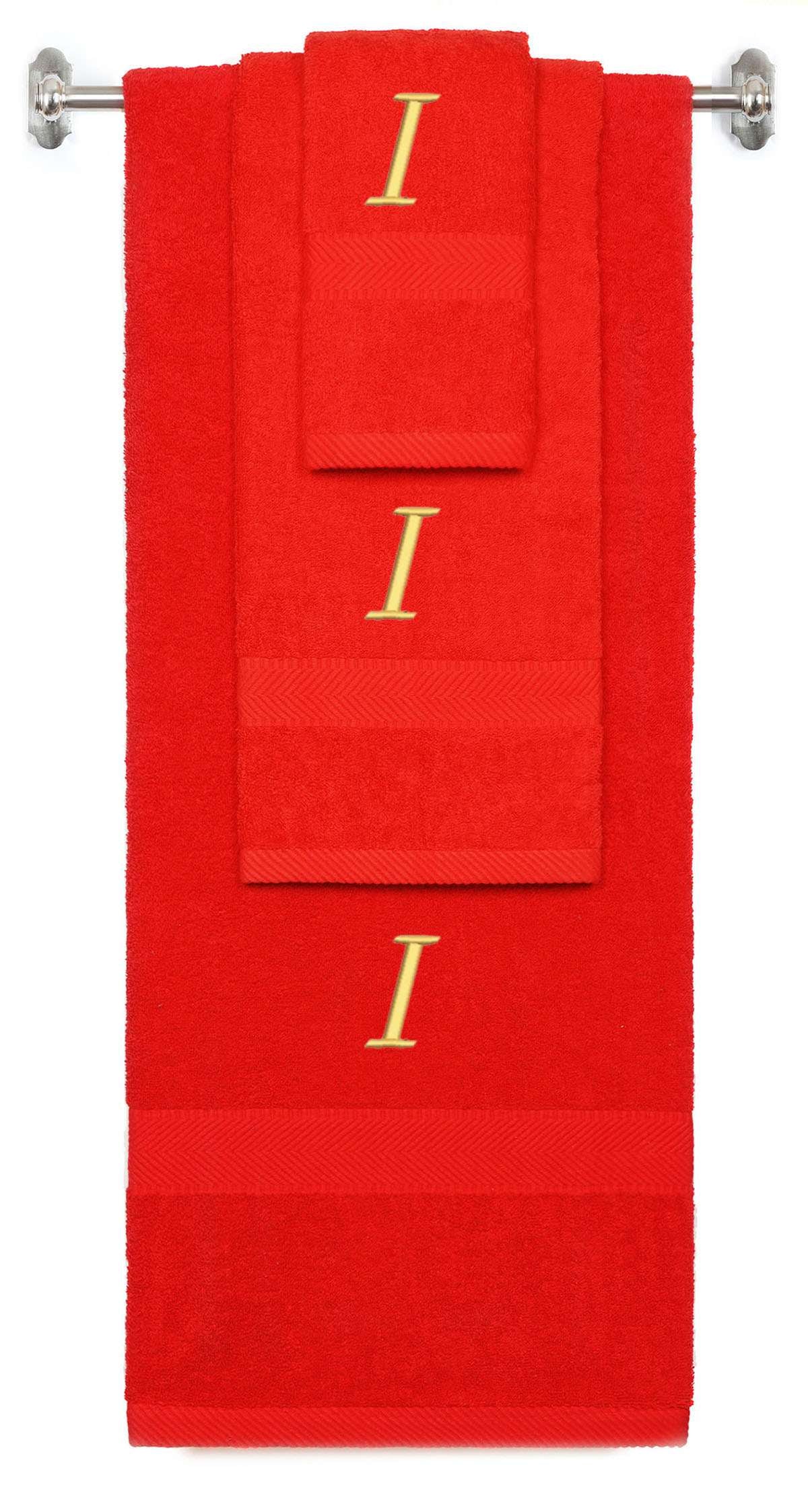 Red monogrammed towel set with Gold thread, Chancery font, initial I - 540 GSM cotton 3-piece