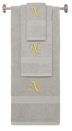 Silver monogrammed towel set with Gold thread, Chancery font, initial N - 540 GSM cotton 3-piece