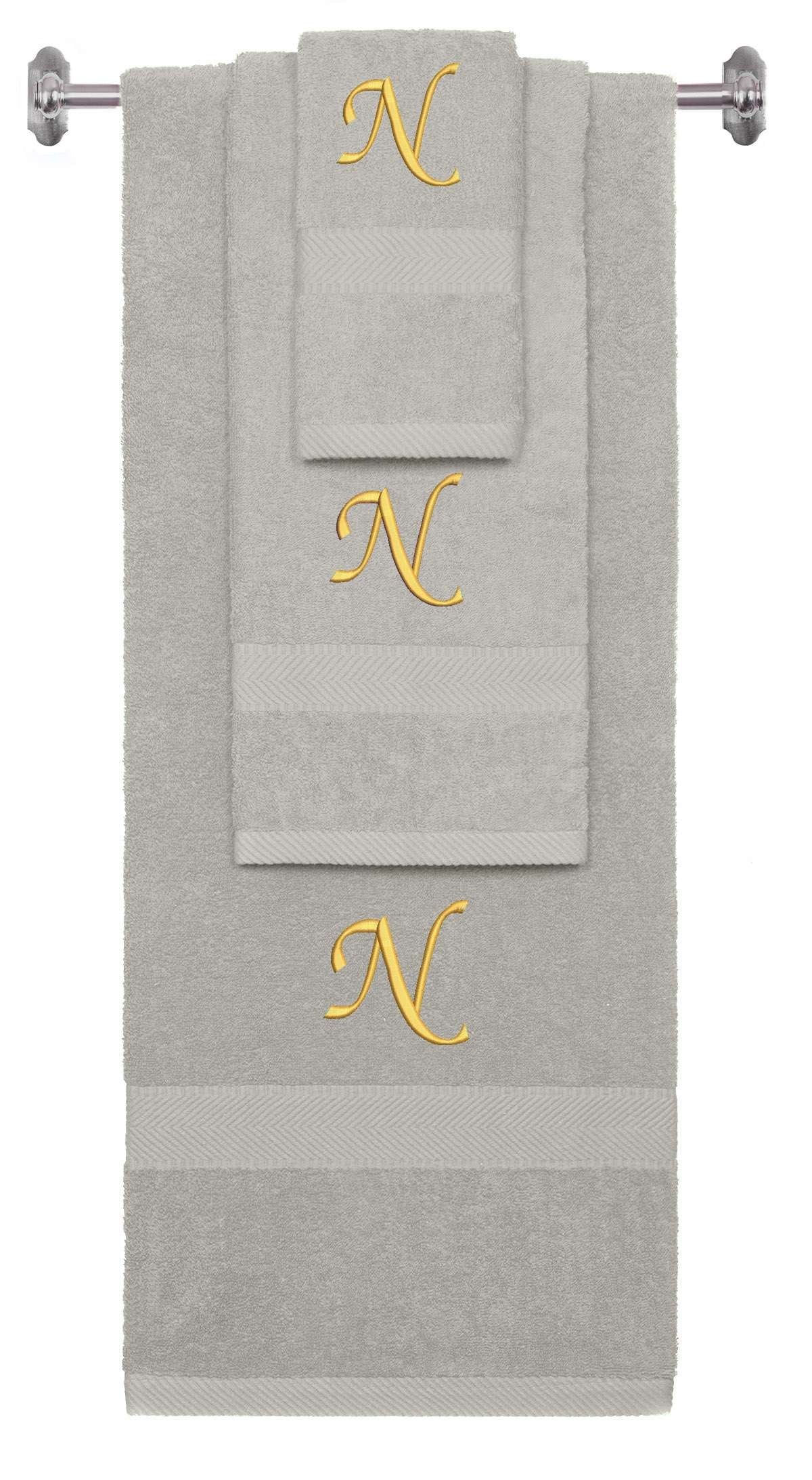Silver monogrammed towel set with Gold thread, Chancery font, initial N - 540 GSM cotton 3-piece