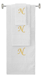 White monogrammed towel set with Gold thread, Chancery font, initial N - 540 GSM cotton 3-piece