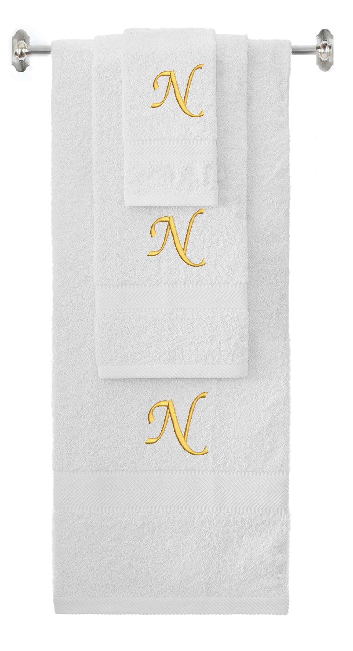 White monogrammed towel set with Gold thread, Chancery font, initial N - 540 GSM cotton 3-piece