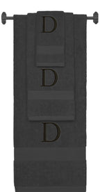Charcoal monogrammed towel set with Black thread, Times New Roman font, initial D - 540 GSM cotton 3-piece