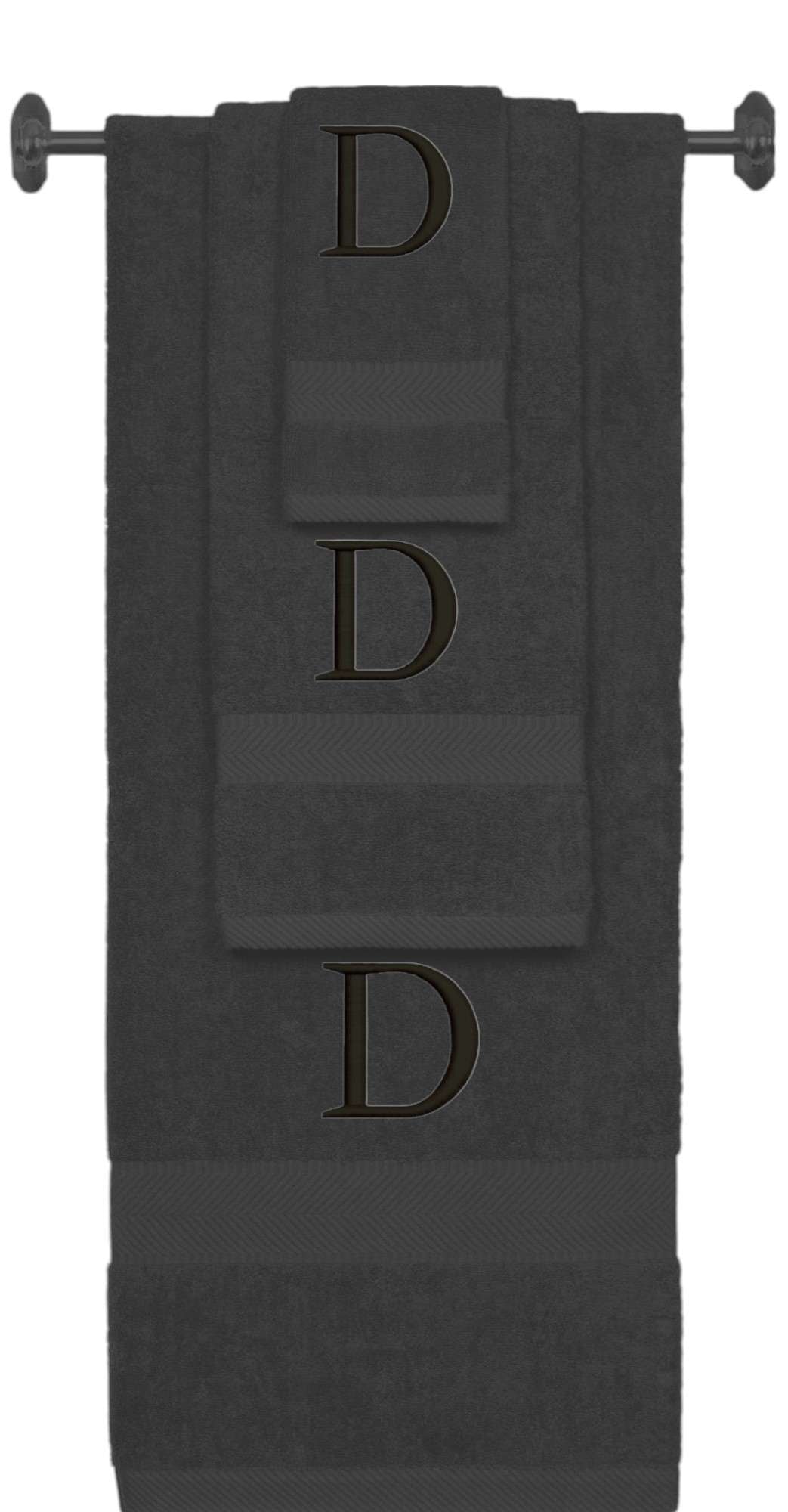 Charcoal monogrammed towel set with Black thread, Times New Roman font, initial D - 540 GSM cotton 3-piece