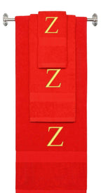 Red monogrammed towel set with Gold thread, Times New Roman font, initial Z - 540 GSM cotton 3-piece