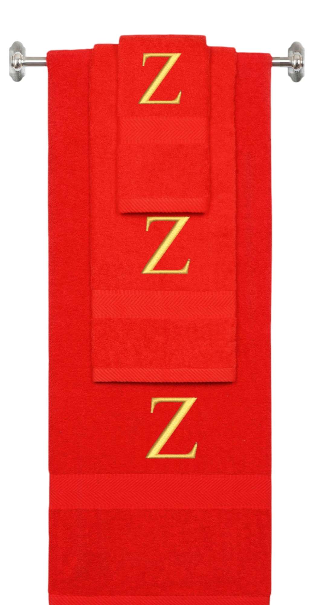 Red monogrammed towel set with Gold thread, Times New Roman font, initial Z - 540 GSM cotton 3-piece