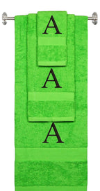 Lime monogrammed towel set with Black thread, Times New Roman font, initial A - 540 GSM cotton 3-piece