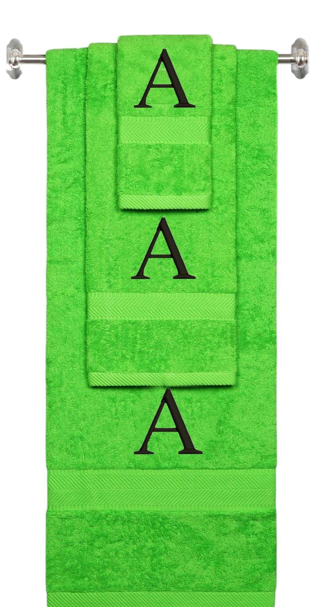 Lime monogrammed towel set with Black thread, Times New Roman font, initial A - 540 GSM cotton 3-piece