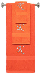 Orange monogrammed towel set with Silver thread, Chancery font, initial K - 540 GSM cotton 3-piece