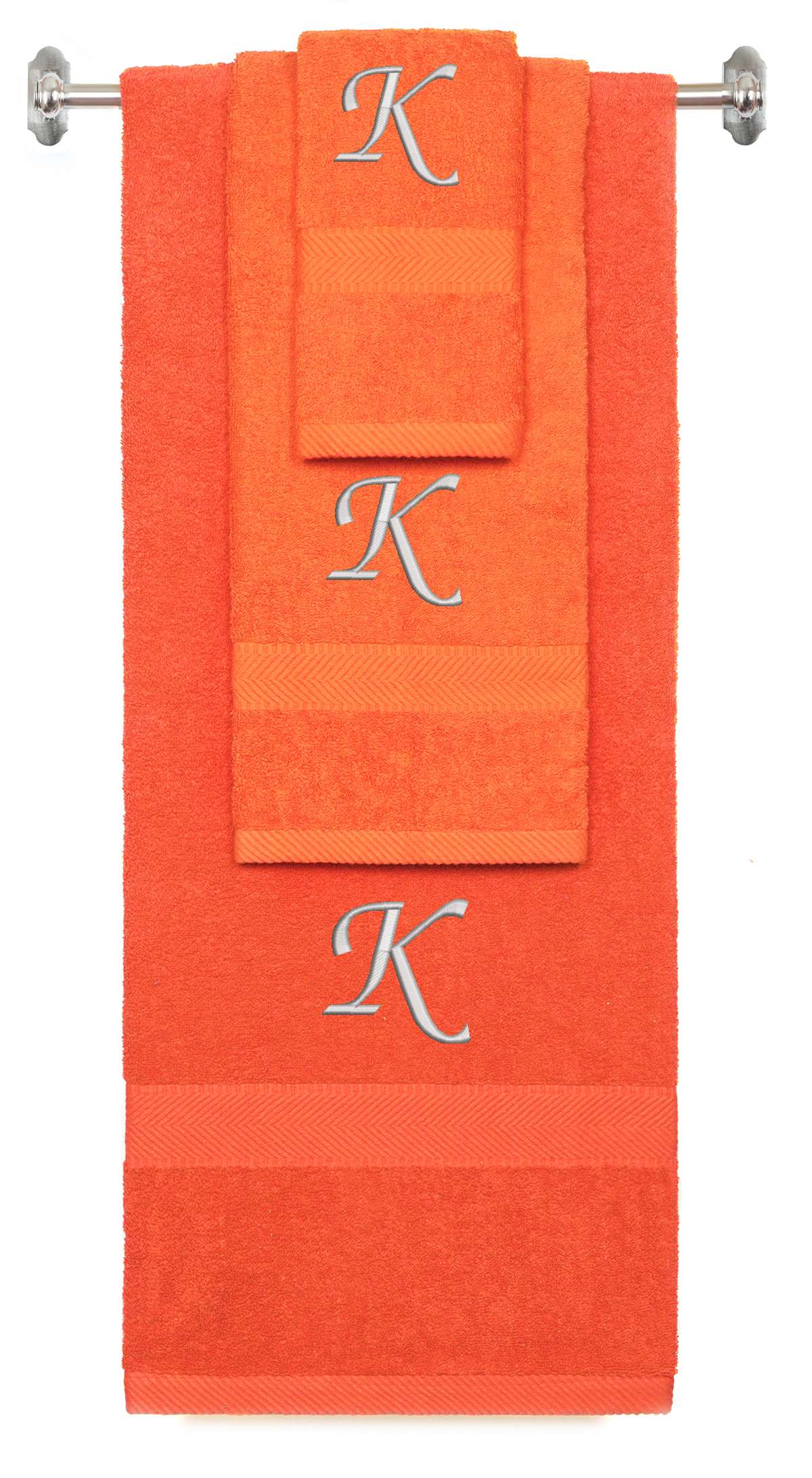Orange monogrammed towel set with Silver thread, Chancery font, initial K - 540 GSM cotton 3-piece