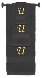 Charcoal monogrammed towel set with Gold thread, Chancery font, initial U - 540 GSM cotton 3-piece