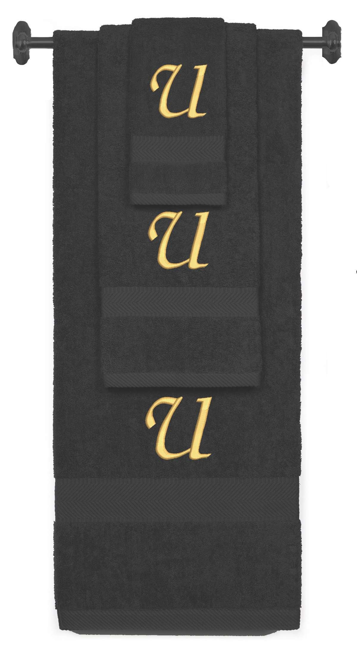 Charcoal monogrammed towel set with Gold thread, Chancery font, initial U - 540 GSM cotton 3-piece