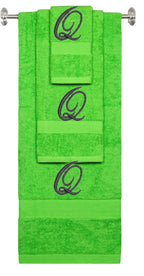 Lime monogrammed towel set with Black thread, Diana Script font, initial Q - 540 GSM cotton 3-piece