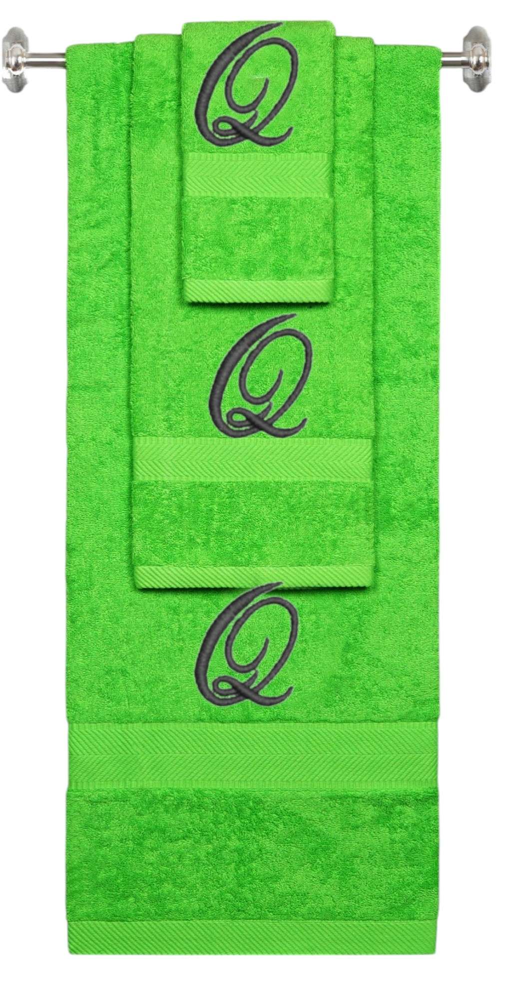 Lime monogrammed towel set with Black thread, Diana Script font, initial Q - 540 GSM cotton 3-piece