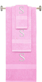 Pink monogrammed towel set with White thread, Times New Roman font, initial S - 540 GSM cotton 3-piece