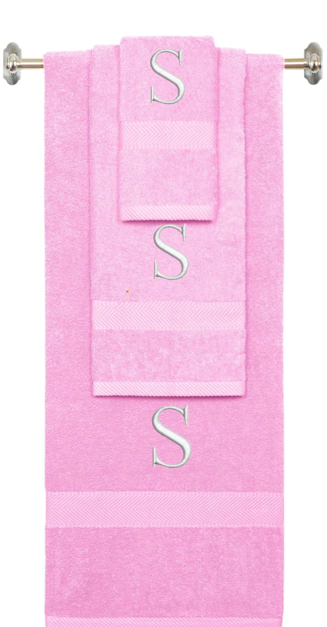 Pink monogrammed towel set with White thread, Times New Roman font, initial S - 540 GSM cotton 3-piece