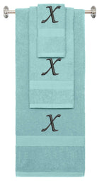 Nautical Teal monogrammed towel set with Black thread, Chancery font, initial X - 540 GSM cotton 3-piece