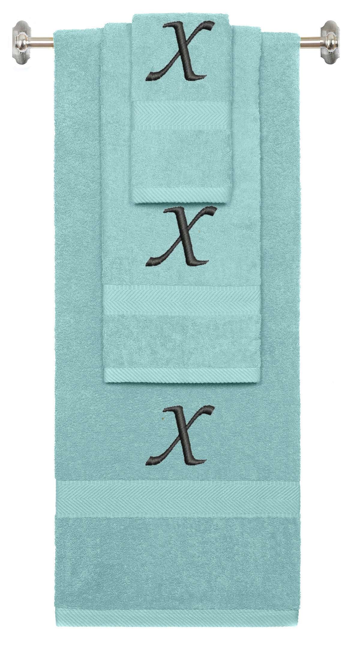 Nautical Teal monogrammed towel set with Black thread, Chancery font, initial X - 540 GSM cotton 3-piece