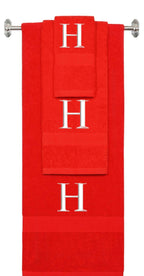 Red monogrammed towel set with White thread, Times New Roman font, initial H - 540 GSM cotton 3-piece