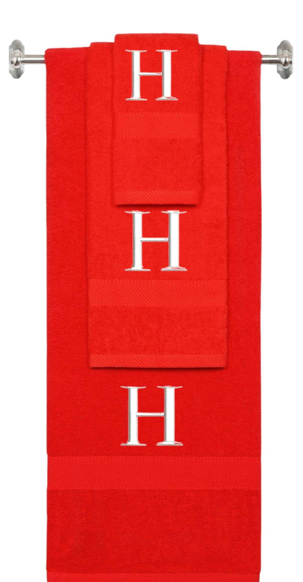 Red monogrammed towel set with White thread, Times New Roman font, initial H - 540 GSM cotton 3-piece