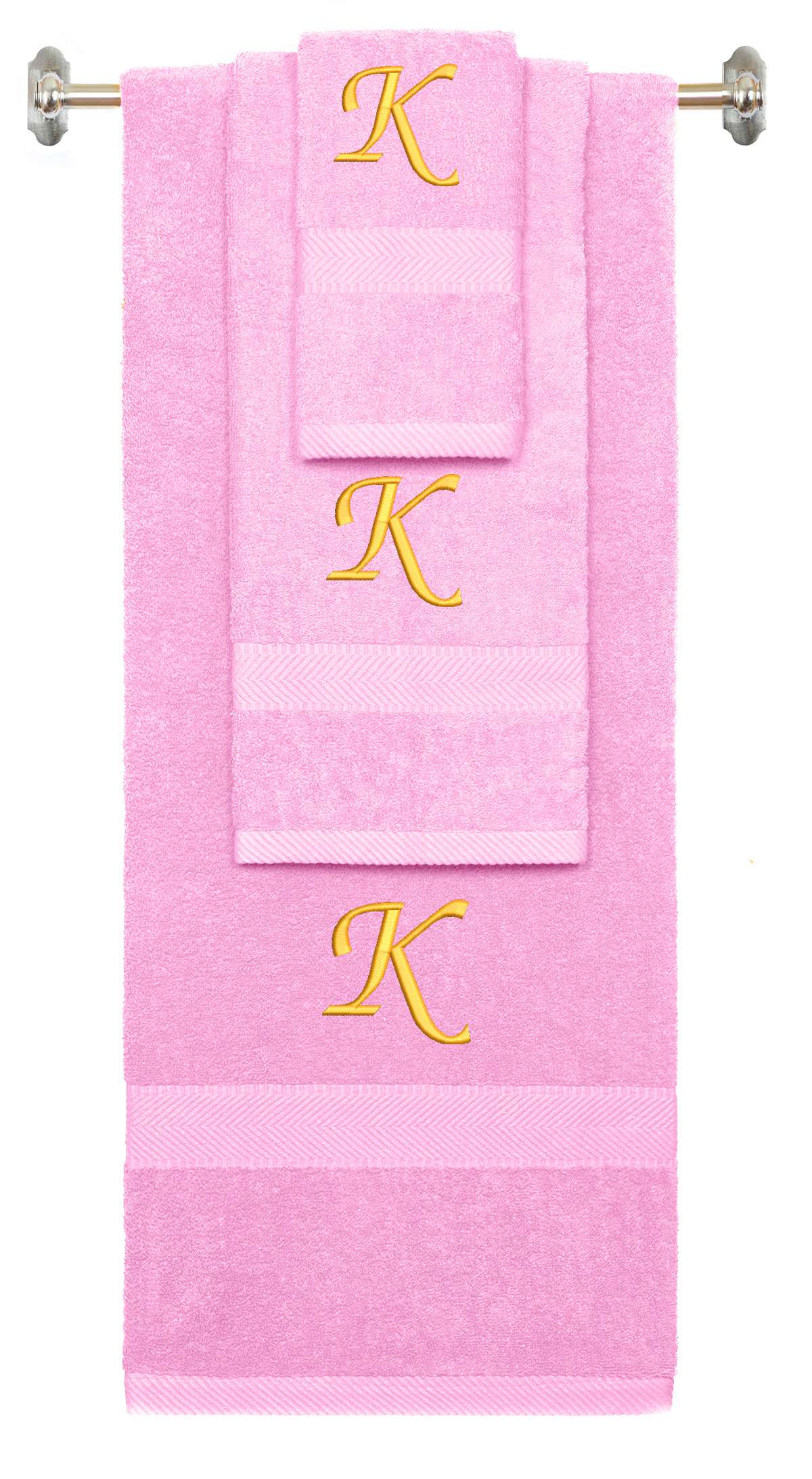 Pink monogrammed towel set with Gold thread, Chancery font, initial K - 540 GSM cotton 3-piece