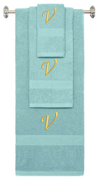 Nautical Teal monogrammed towel set with Gold thread, Chancery font, initial V - 540 GSM cotton 3-piece