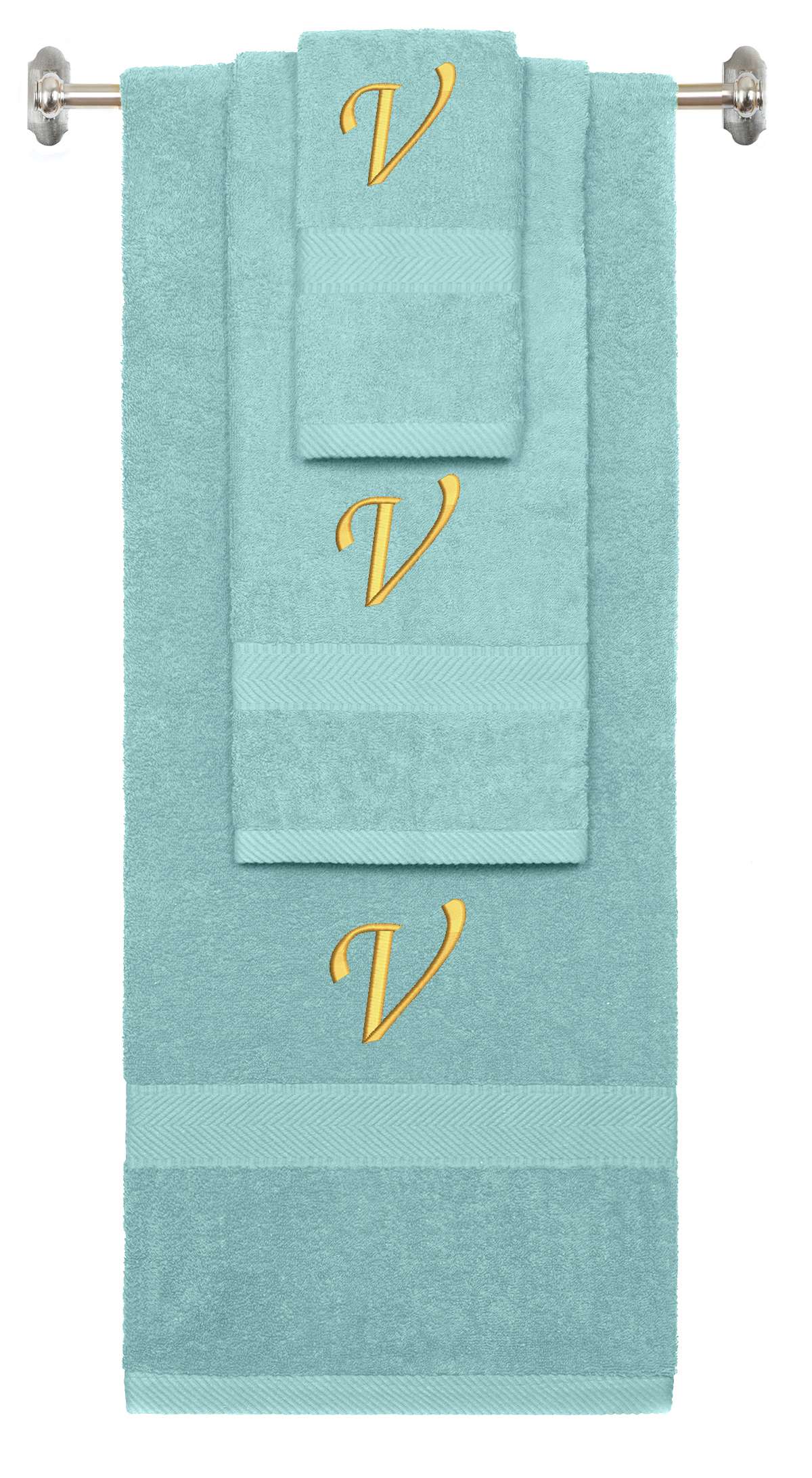 Nautical Teal monogrammed towel set with Gold thread, Chancery font, initial V - 540 GSM cotton 3-piece
