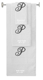 White monogrammed towel set with Black thread, Diana Script font, initial P - 540 GSM cotton 3-piece