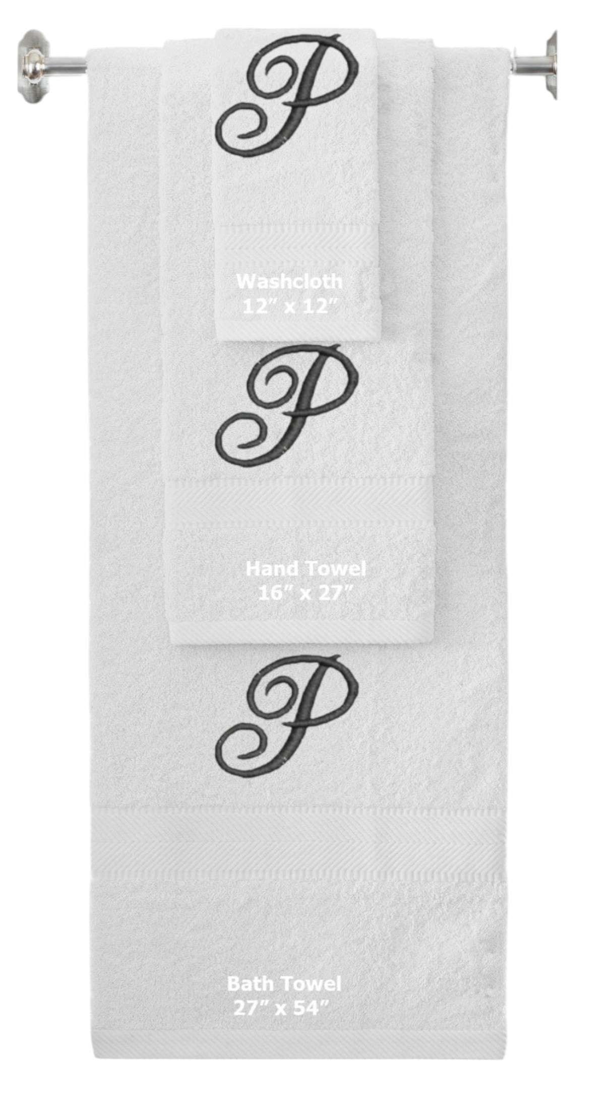 White monogrammed towel set with Black thread, Diana Script font, initial P - 540 GSM cotton 3-piece