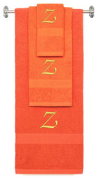 Orange monogrammed towel set with Gold thread, Chancery font, initial Z - 540 GSM cotton 3-piece