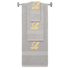 Silver monogrammed towel set with Gold thread, Diana Script font, initial L - 540 GSM cotton 3-piece