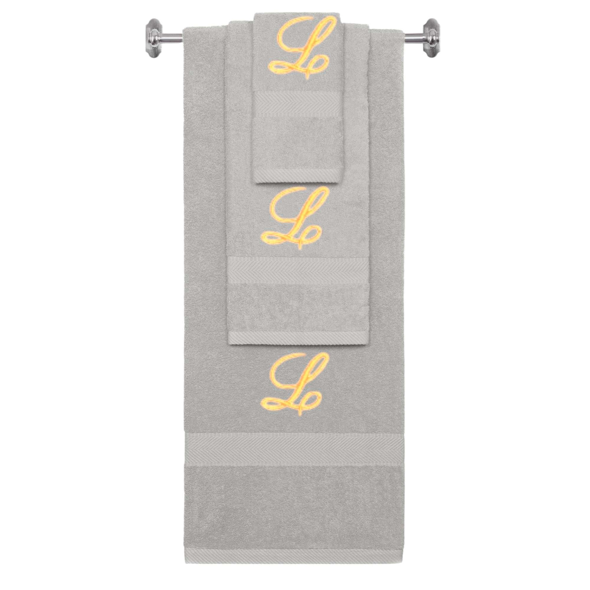 Silver monogrammed towel set with Gold thread, Diana Script font, initial L - 540 GSM cotton 3-piece